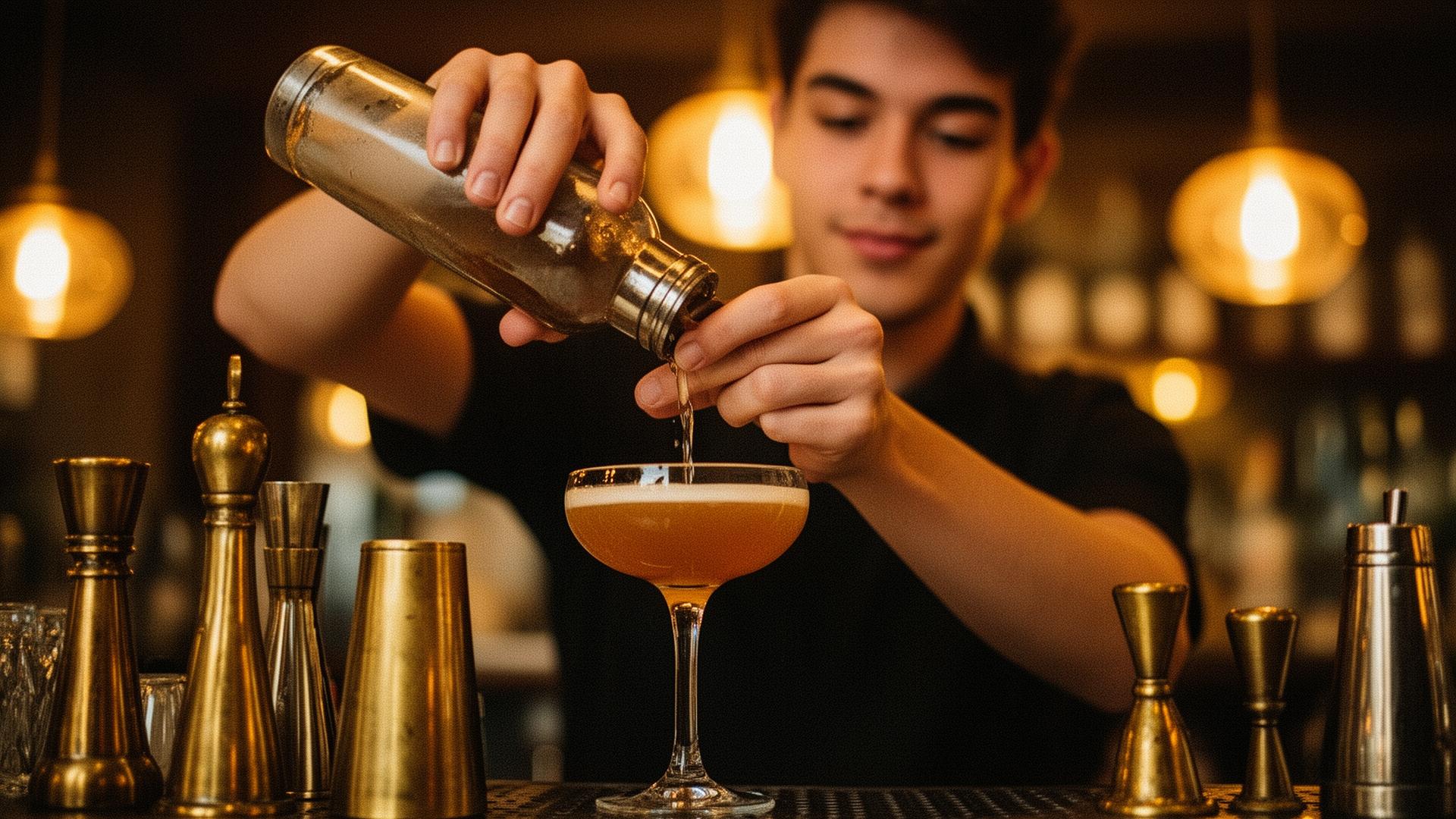 Bartender finishing a drink during evening service